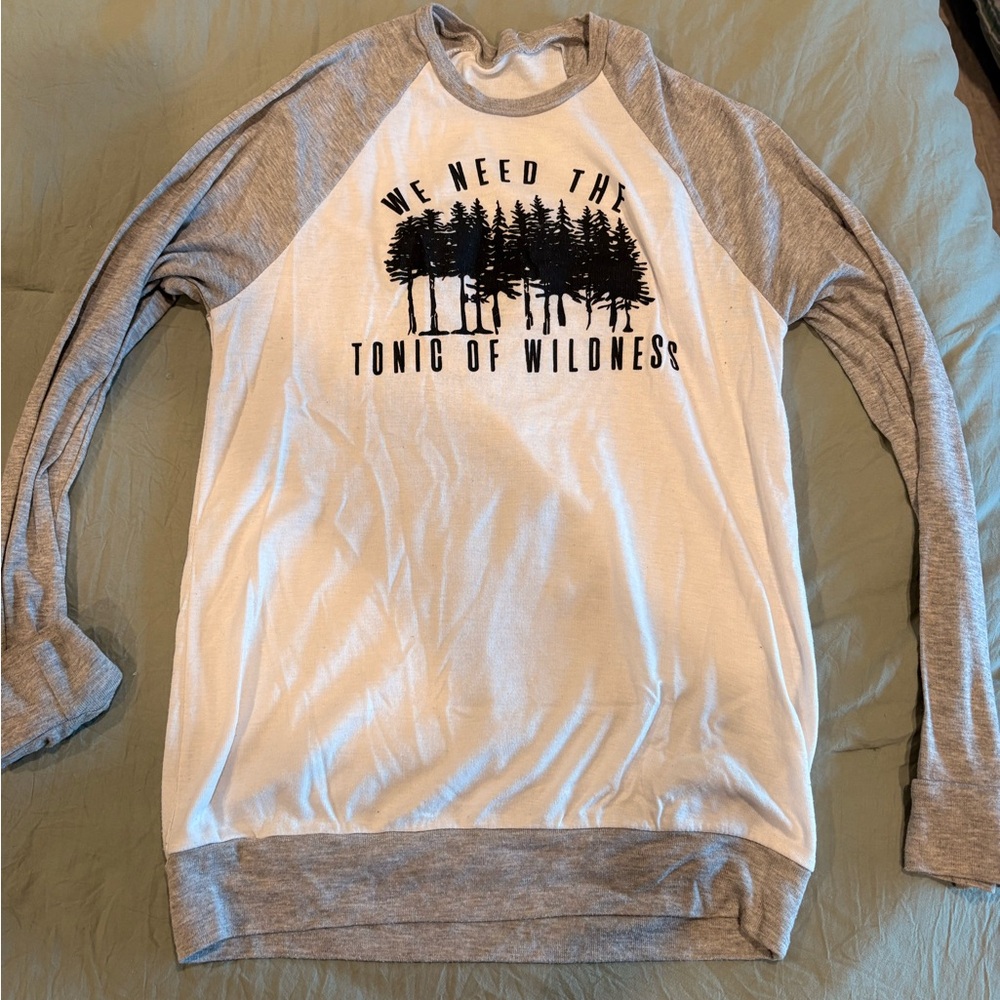 Gray and White Long Sleeve Tee with Graphic Design
